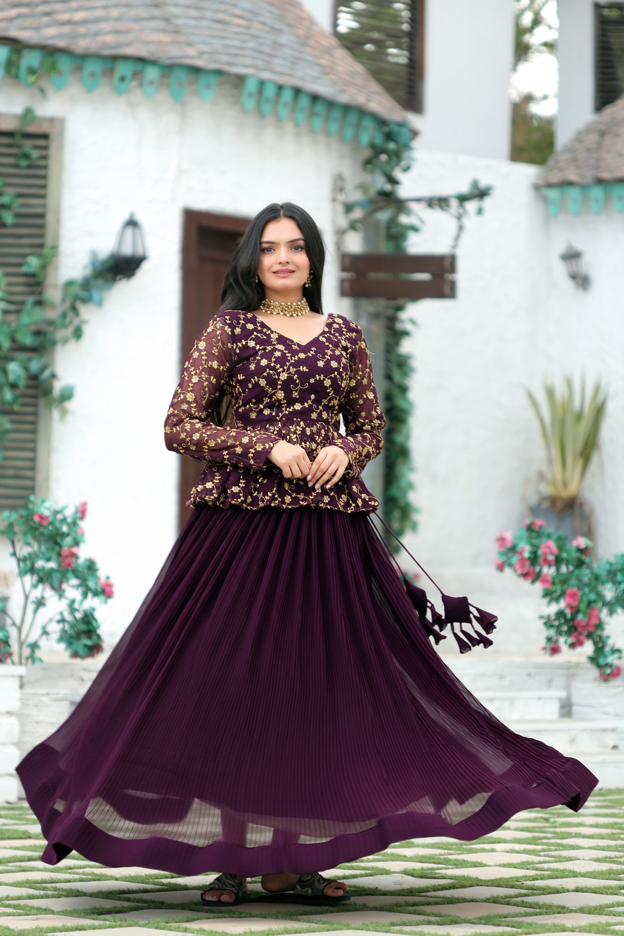 Elegant Faux Blooming Pleated Lehenga with Embroidered Peplum Blouse – Full Stitched Set (Adjustable Size 38"–44") | 5 Mtr Flair
