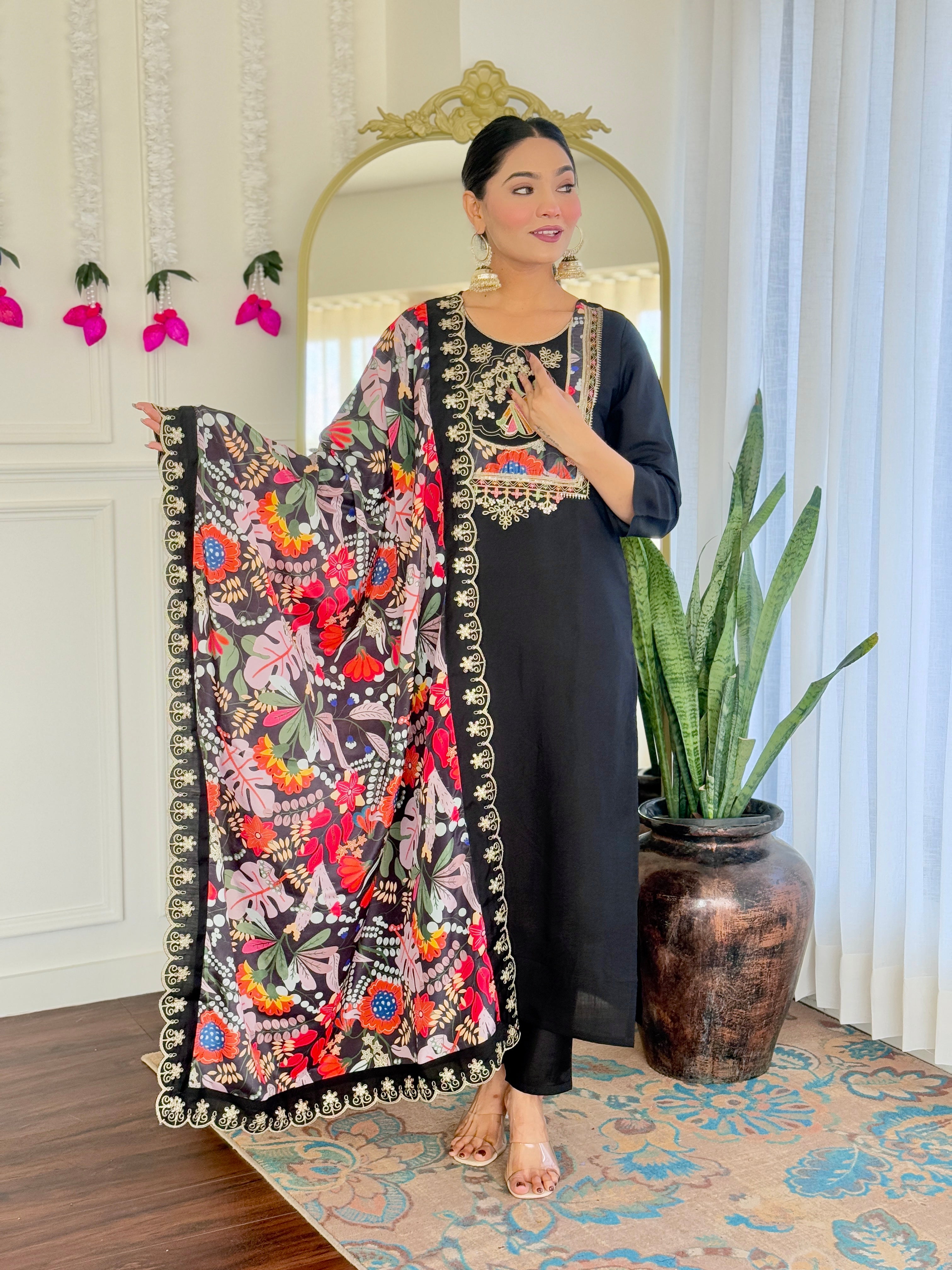 Women’s Black Pure Viscose Chanderi Kurta Set with Sequin & Coding Embroidery