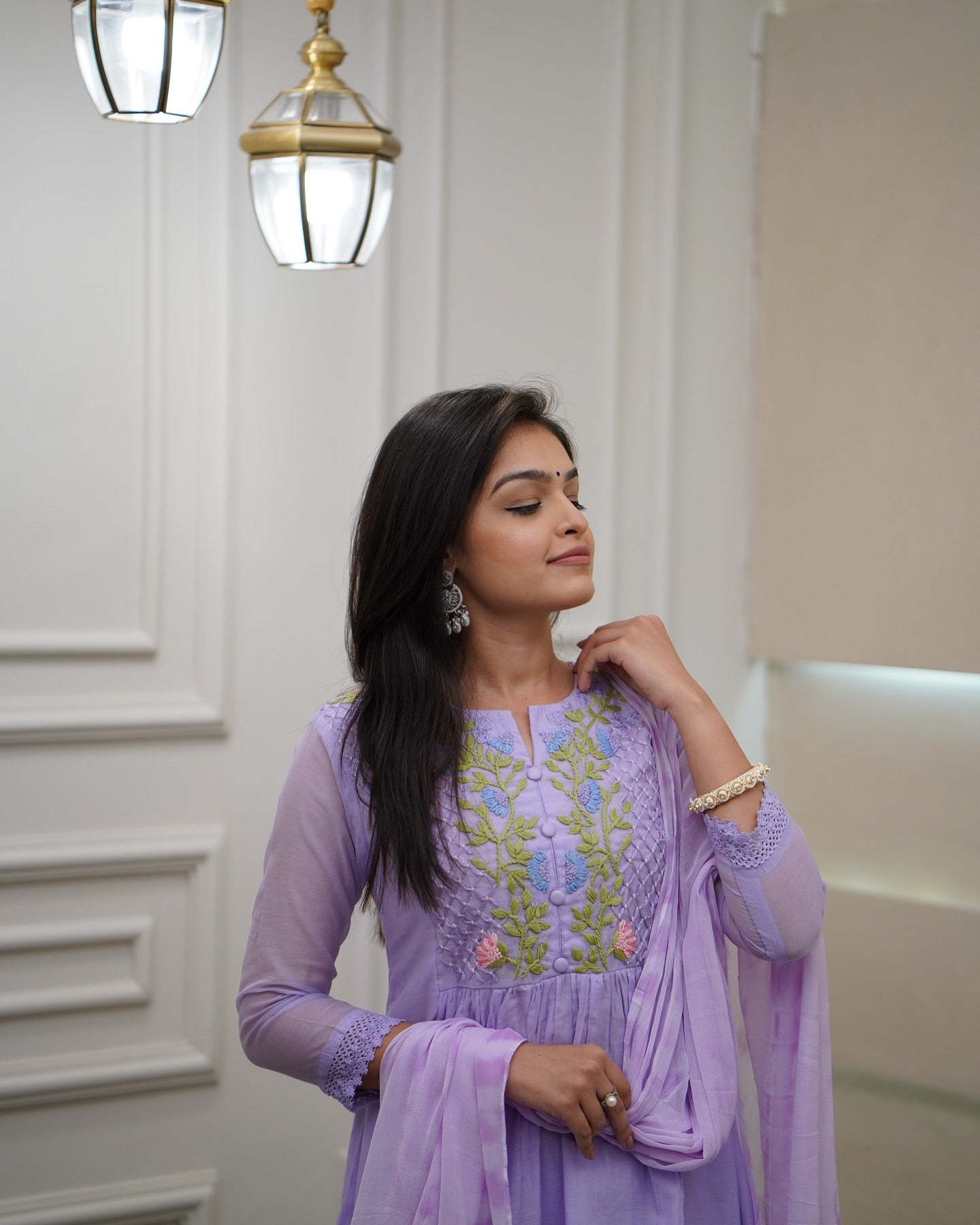 Women’s Lavender Festive Pure Georgette Suit with Detailed Embroidery Work