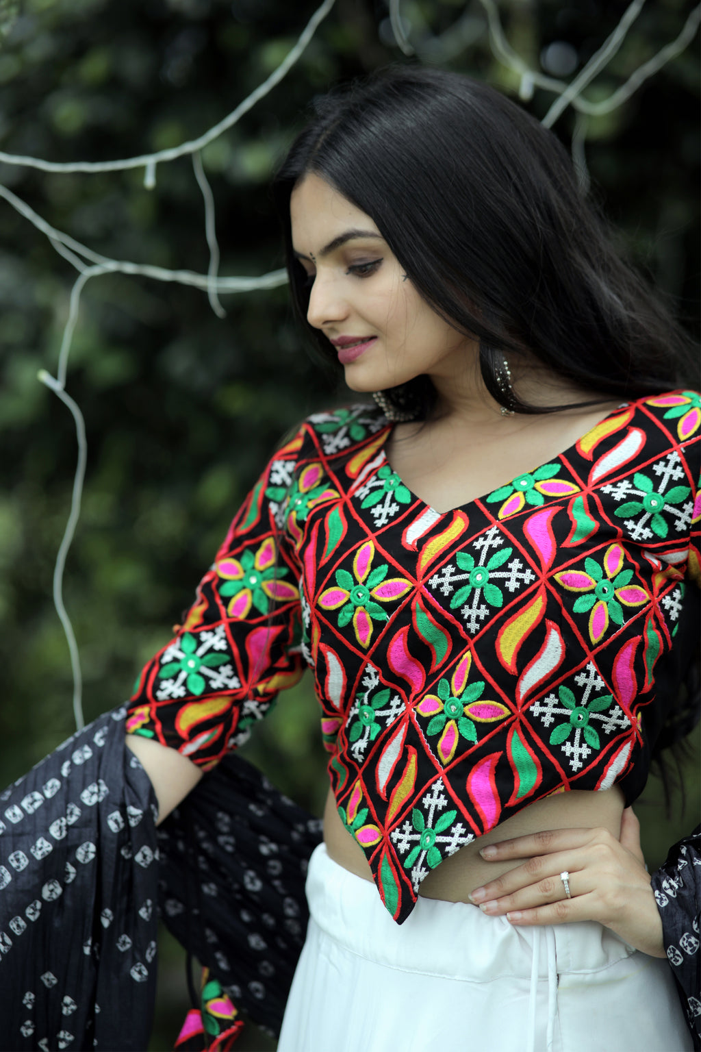 Premium Frolic Cotton White&Black Lehenga Choli Set with Embroidered Georgette Blouse & Bandhej Chinnon Dupatta | Full-Stitched | Size 38-44