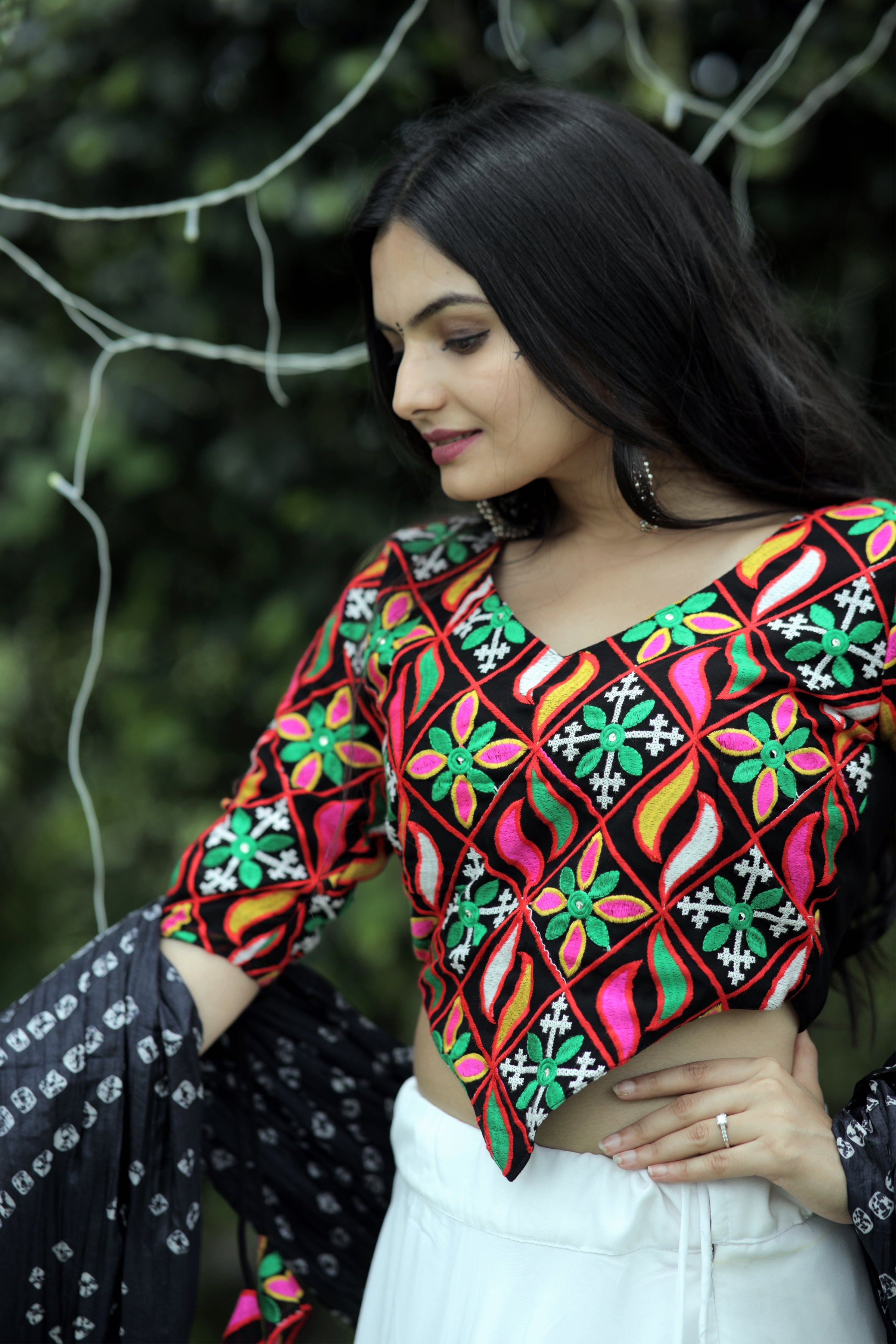 Premium Frolic Cotton White&Black Lehenga Choli Set with Embroidered Georgette Blouse & Bandhej Chinnon Dupatta | Full-Stitched | Size 38-44