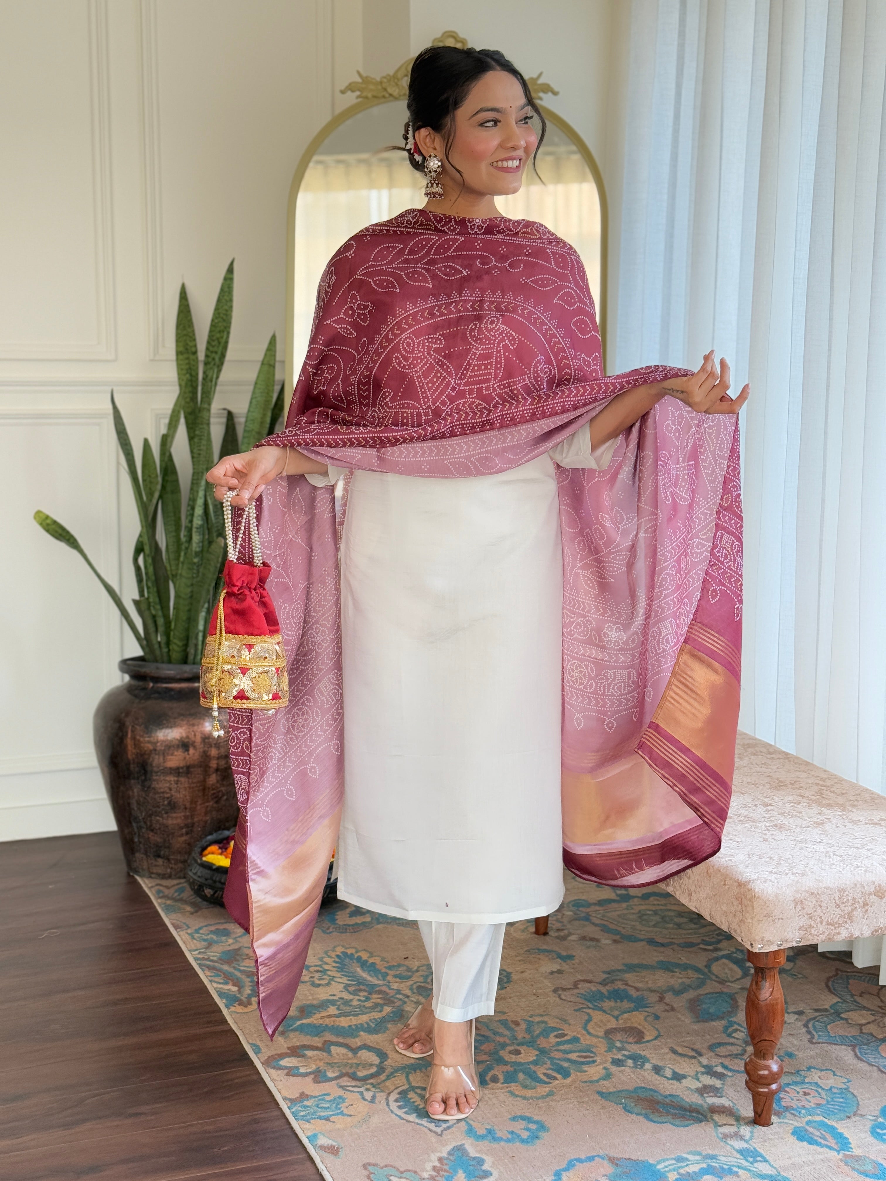 Women’s White Viscose Chanderi Kurta Set with Sequin & Coding Embroidery Work
