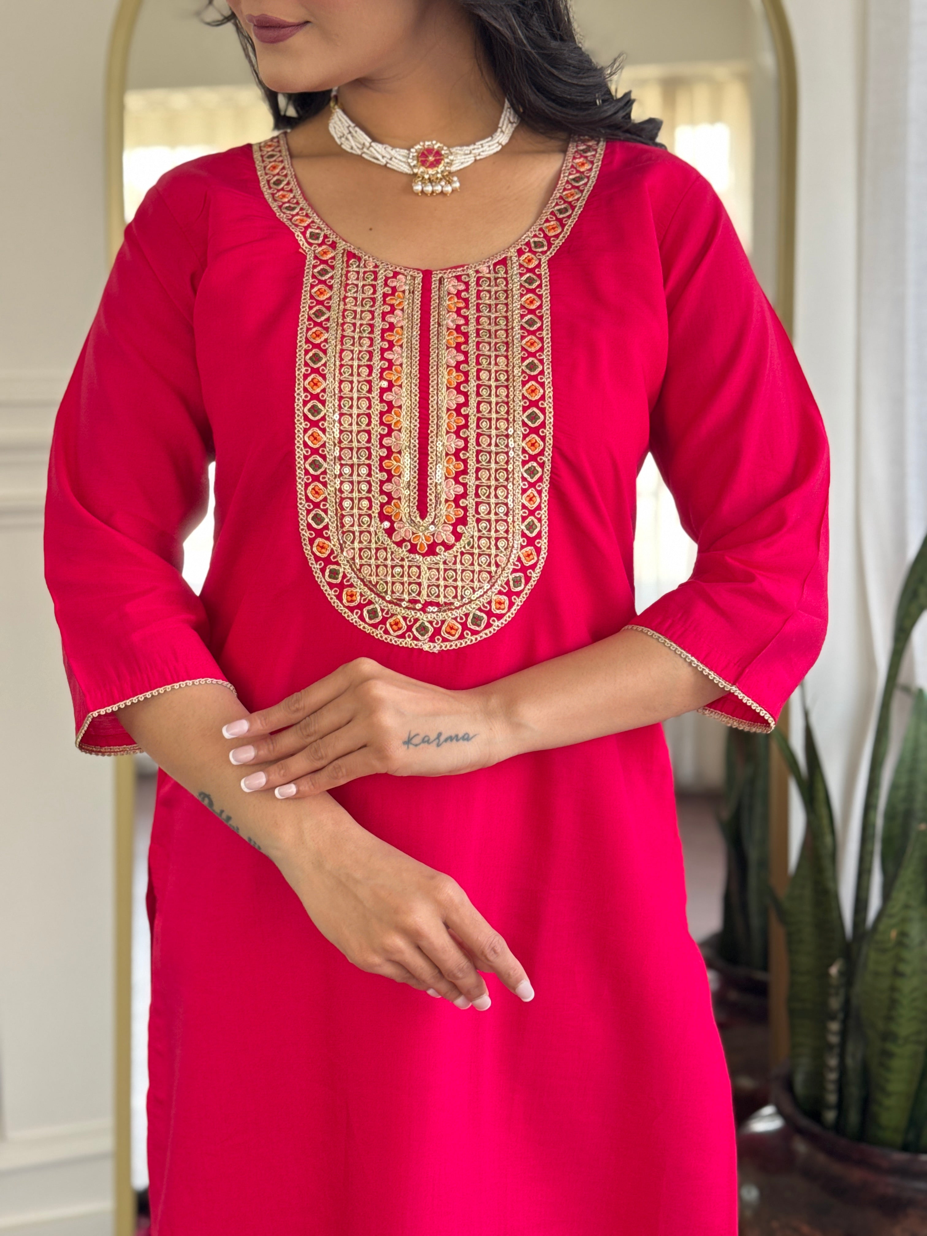 Women’s Rani Pink Festive Pure Viscose Chanderi Silk Set with Glamorous Sequin Embroidery