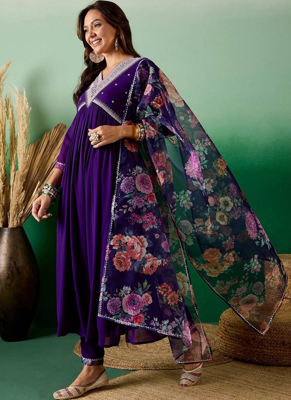 Women’s Purple Blooming Georgette Kurta Set with Sequin Embroidery Work