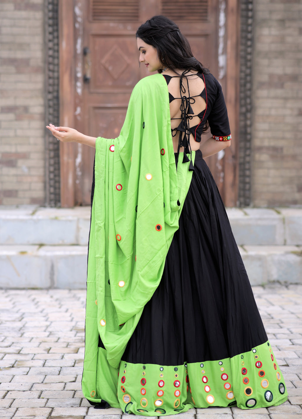 Black Reyon Mirror Work Lehenga Choli Set | Full-Stitched Lehenga & Blouse with Dupatta