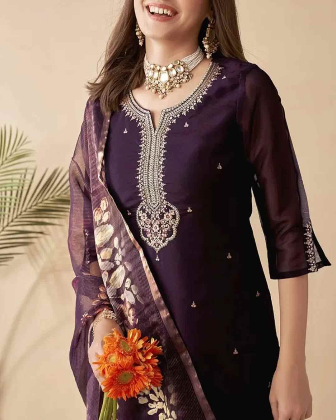 Women’s Purple Embroidered Chanderi Kurta Set with Bottom & Tissue Dupatta