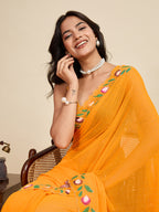 Mustard Georgette Soft Saree with Floral Brush Print & Intricate Border – Elegant Pastel Saree for Festive & Daily Wear