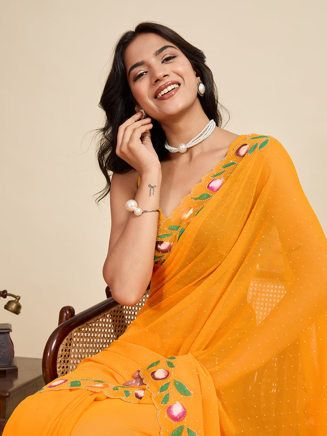 Mustard Georgette Soft Saree with Floral Brush Print & Intricate Border – Elegant Pastel Saree for Festive & Daily Wear