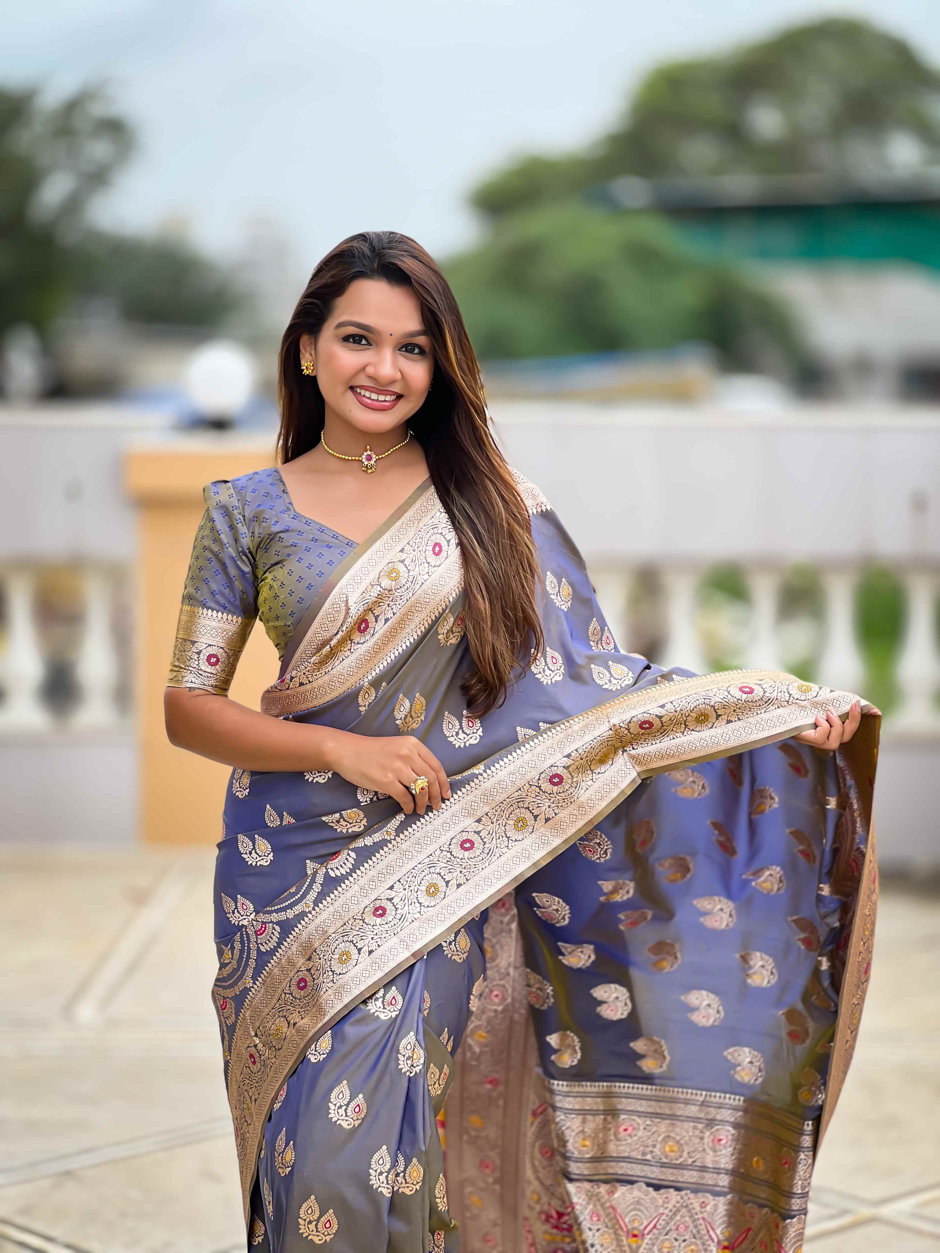 Grey Soft Banarasi Silk Saree with Meenakari Zari Work & Rich Pallu Design
