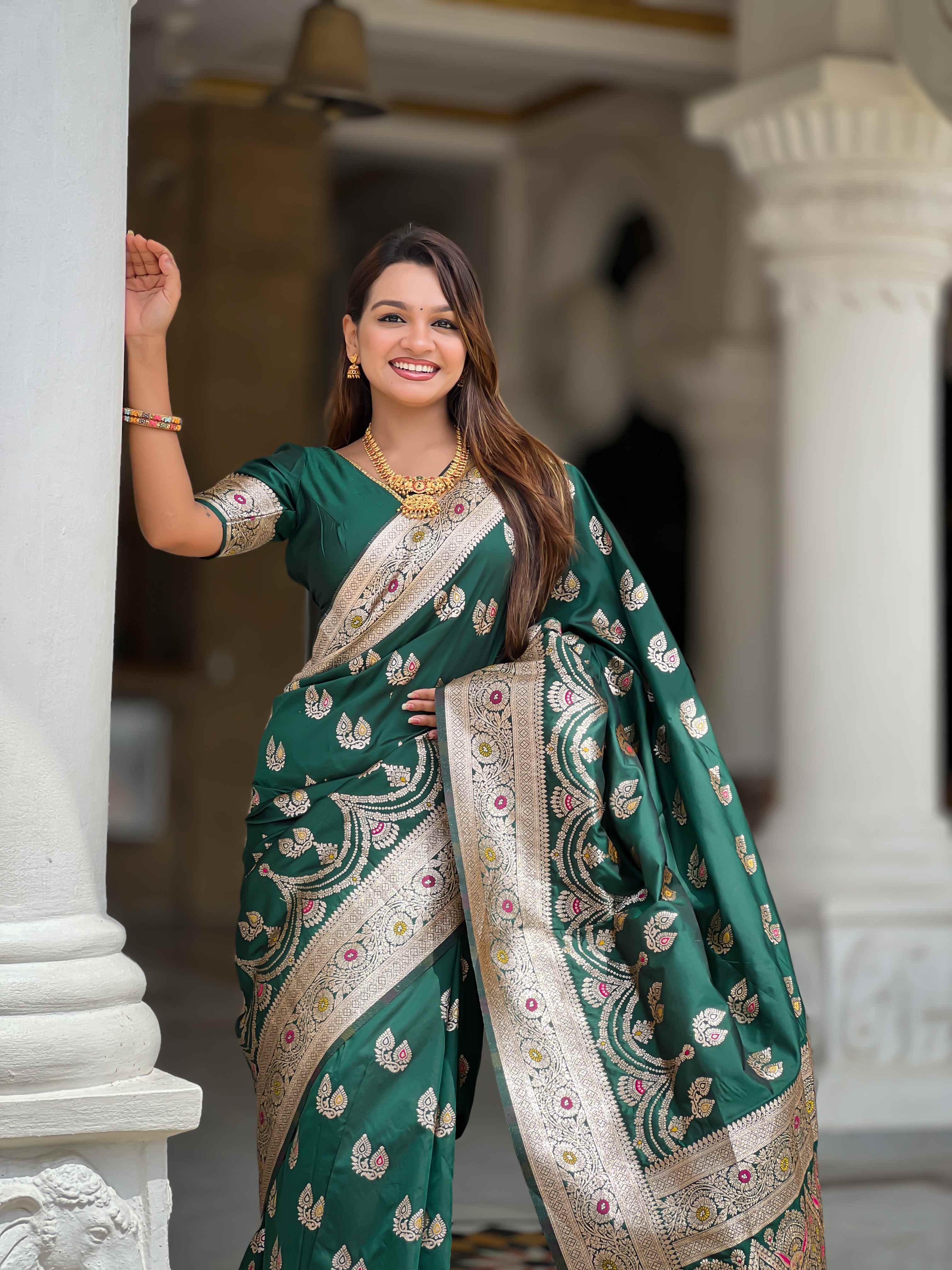 Green Soft Banarasi Silk Saree with Meenakari Zari Work & Rich Pallu Design