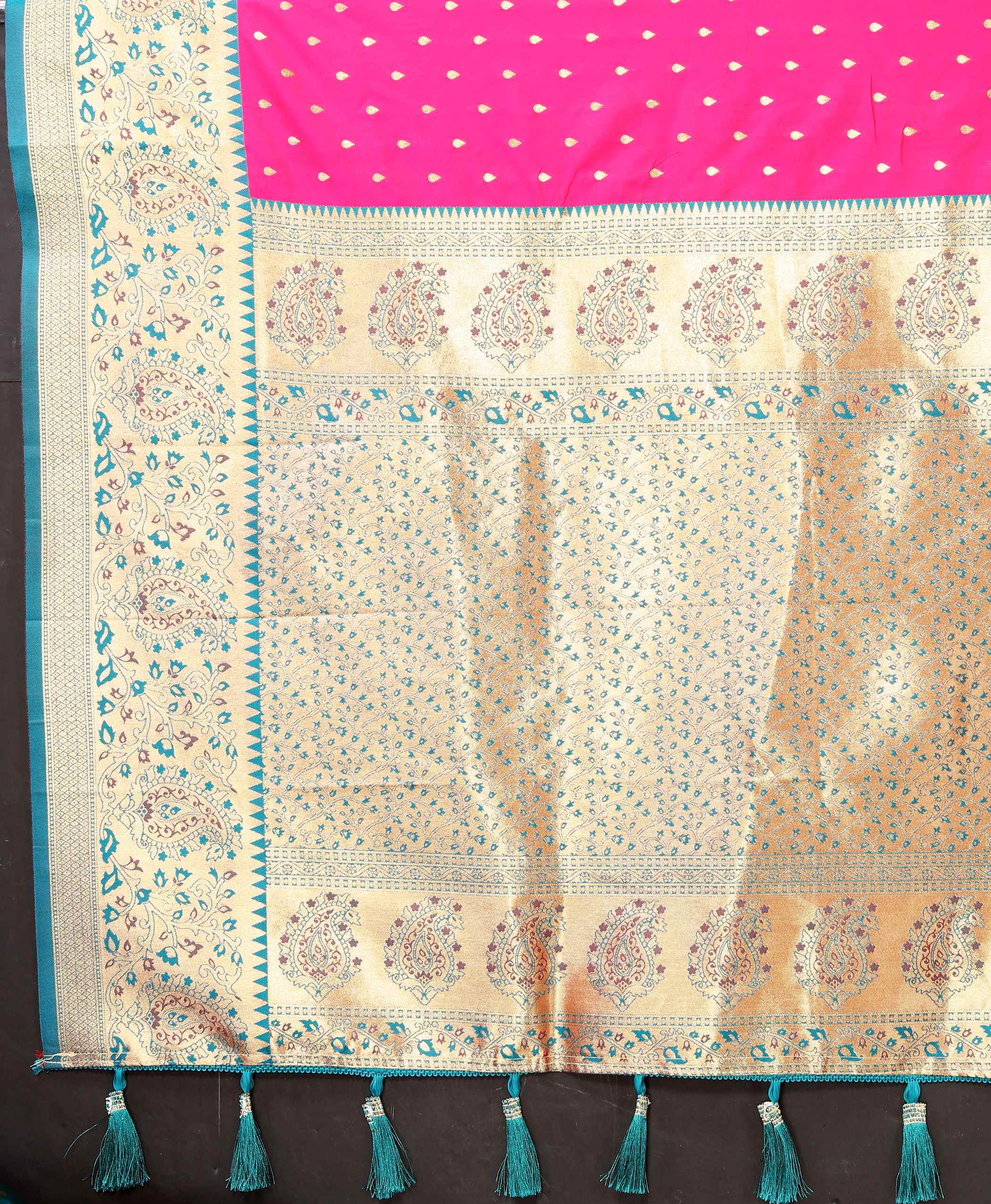 Rani Pink Soft Silk Saree with All-Over Zari Motifs, Contrast Rich Pallu & Brocade Blouse
