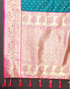 Rama Soft Silk Saree with All-Over Zari Motifs, Contrast Rich Pallu & Brocade Blouse