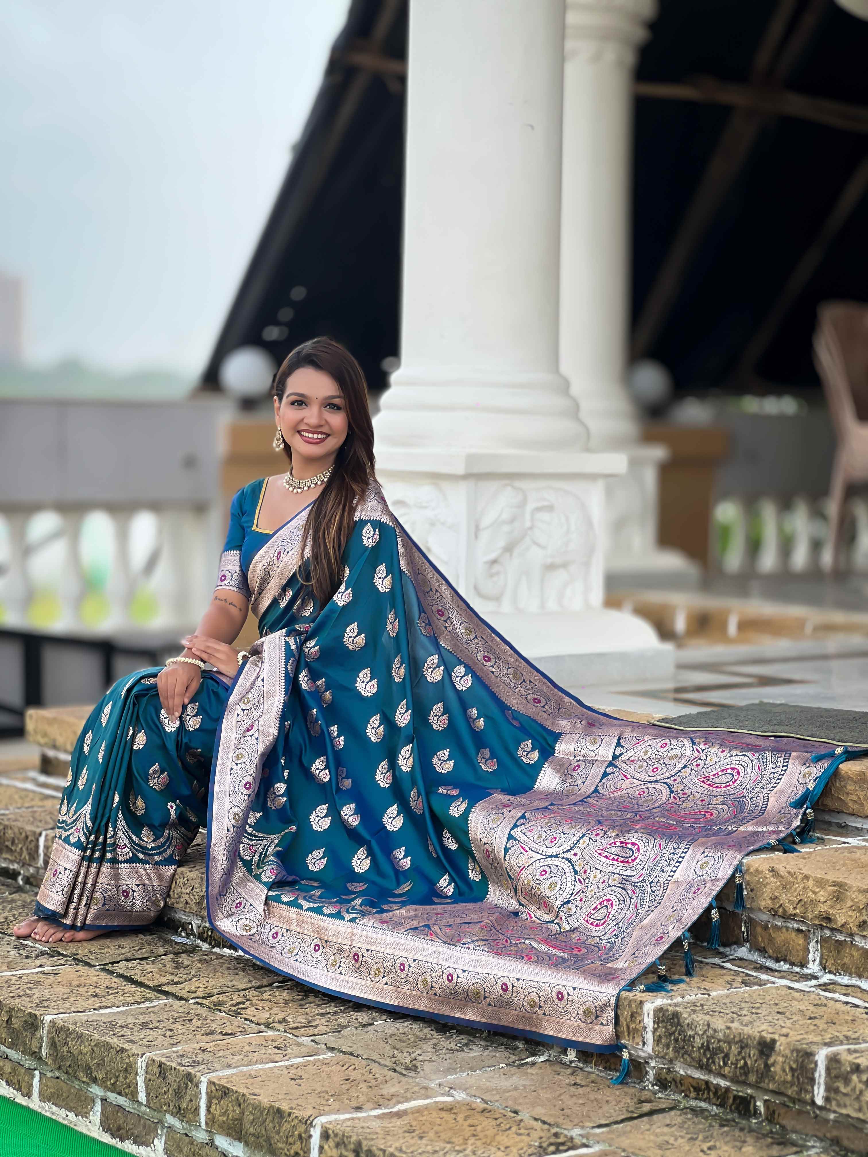 Blue Soft Banarasi Silk Saree with Meenakari Zari Work & Rich Pallu Design