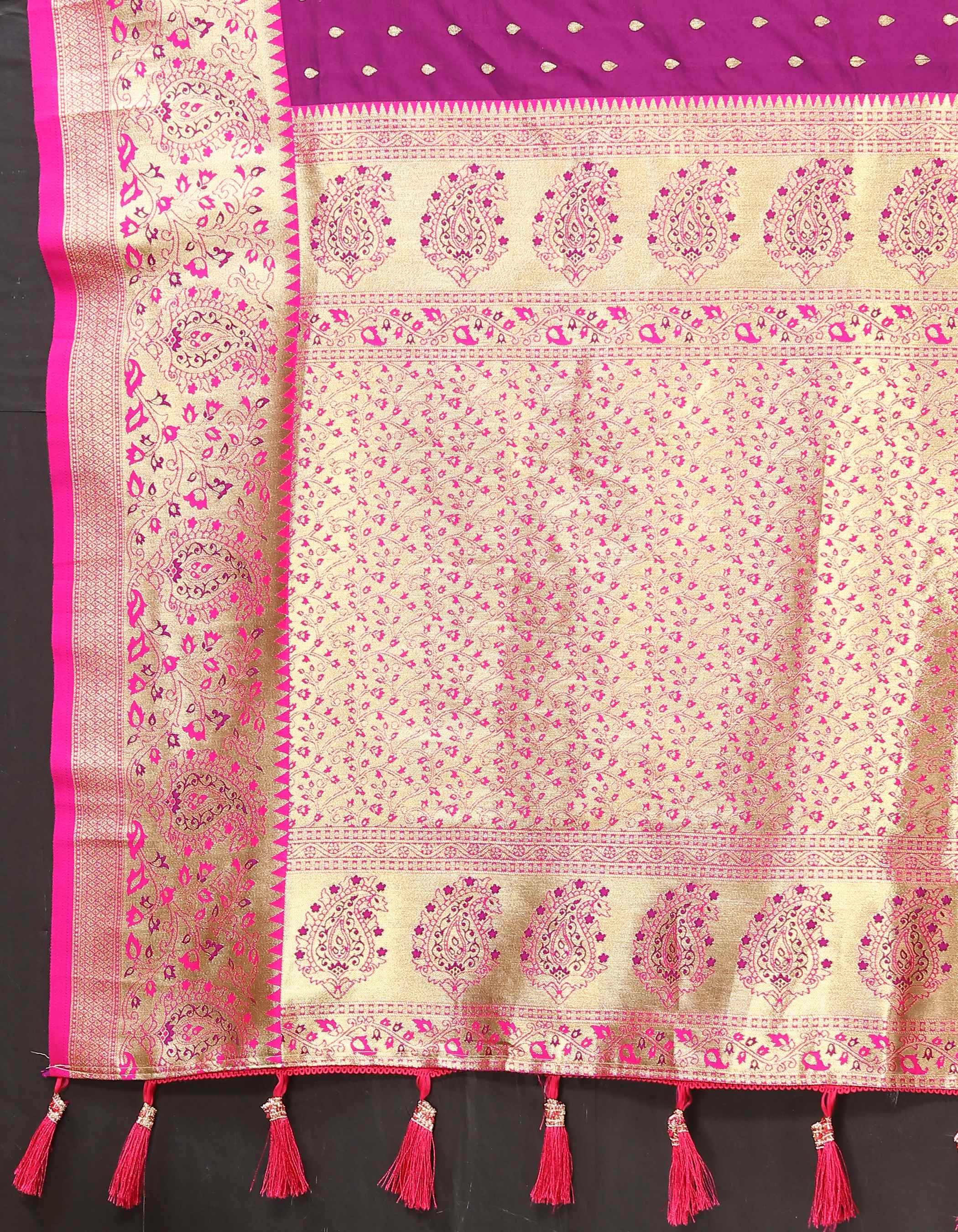 Wine Soft Silk Saree with All-Over Zari Motifs, Contrast Rich Pallu & Brocade Blouse