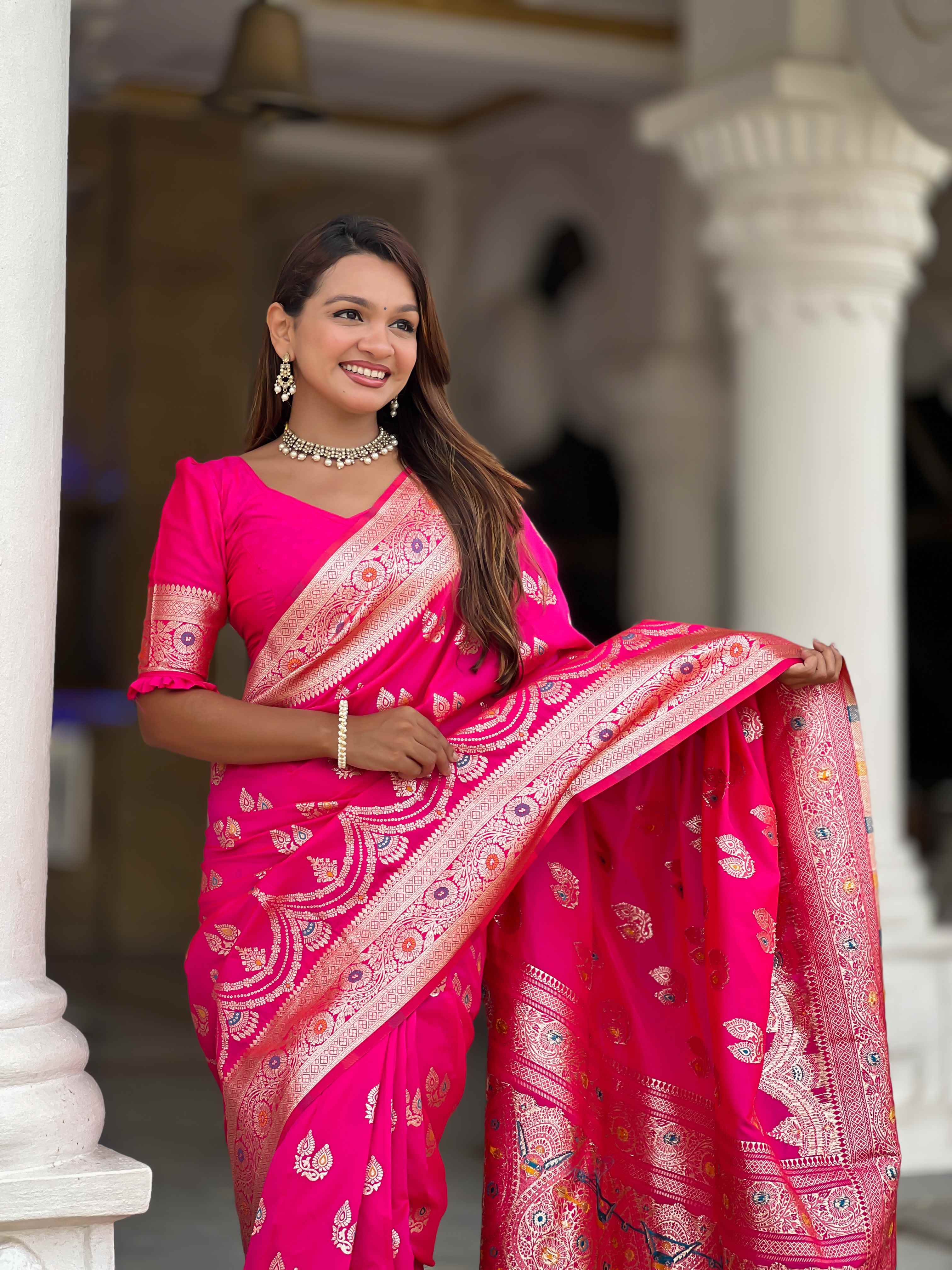 Pink Soft Banarasi Silk Saree with Meenakari Zari Work & Rich Pallu Design