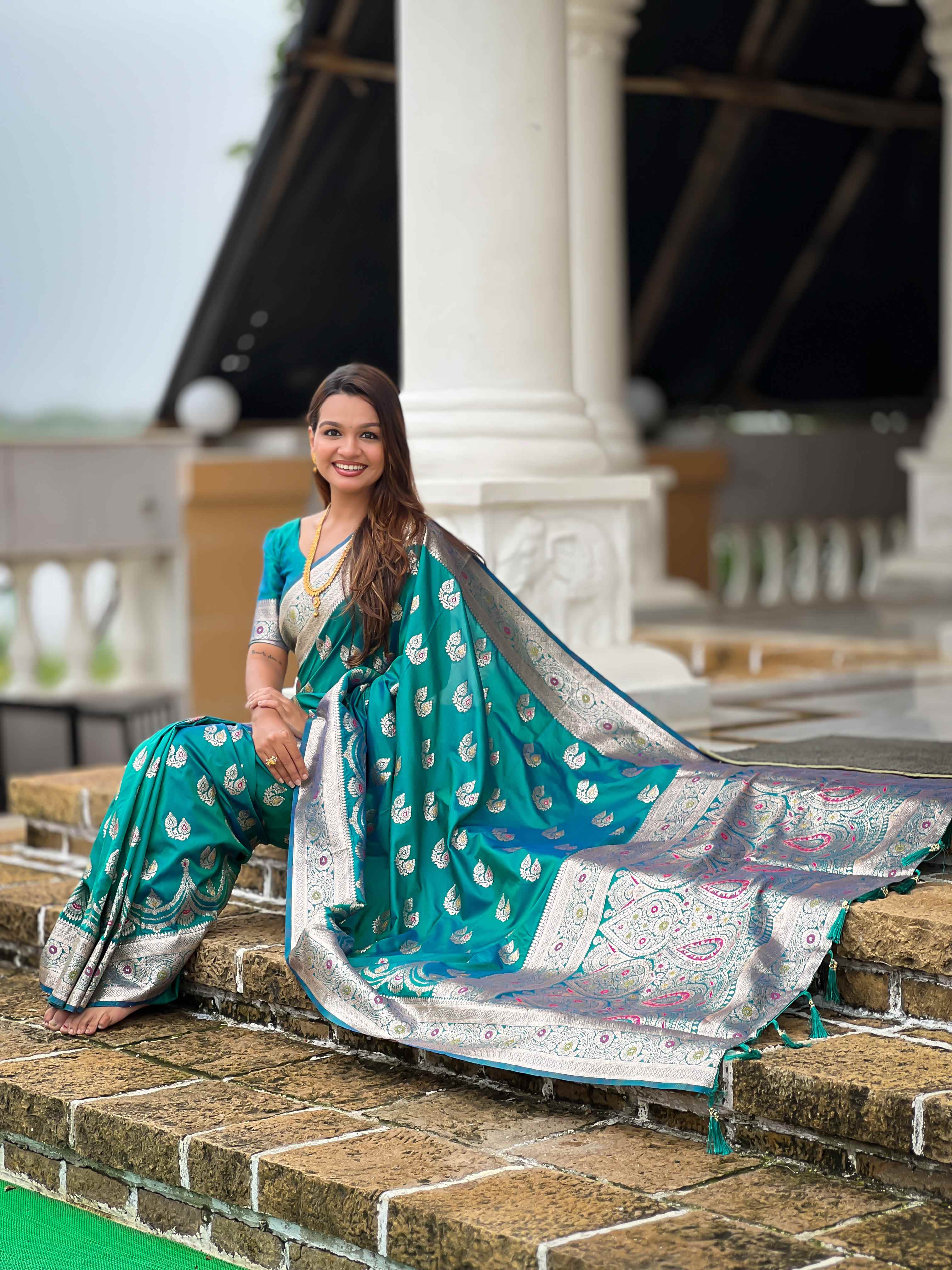 Sky Blue Soft Banarasi Silk Saree with Meenakari Zari Work & Rich Pallu Design