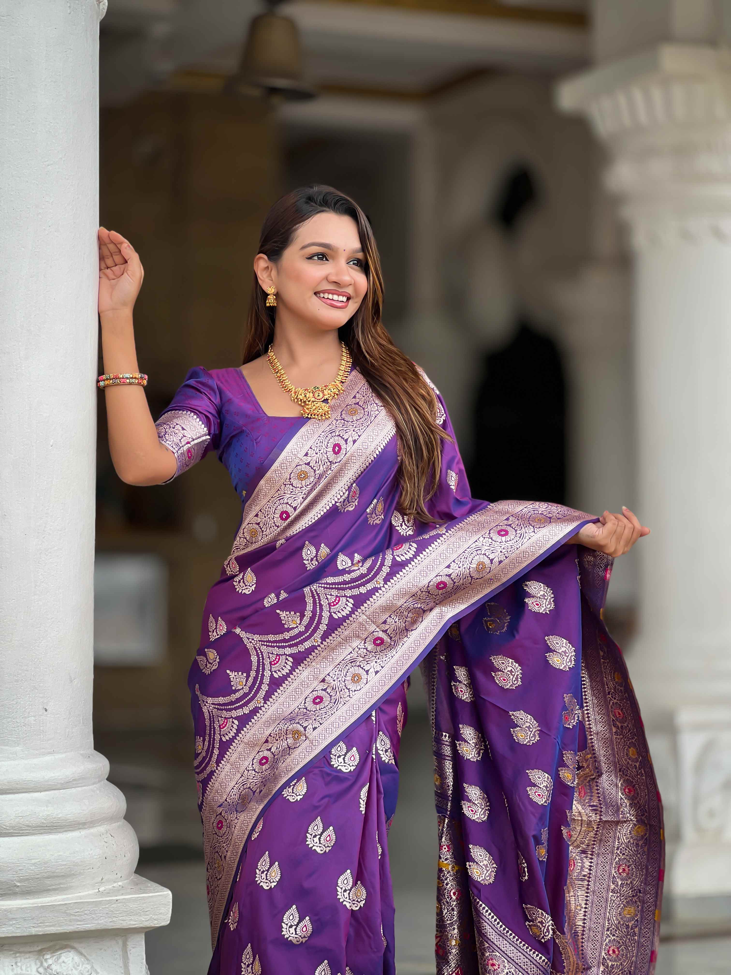 Purple Soft Banarasi Silk Saree with Meenakari Zari Work & Rich Pallu Design