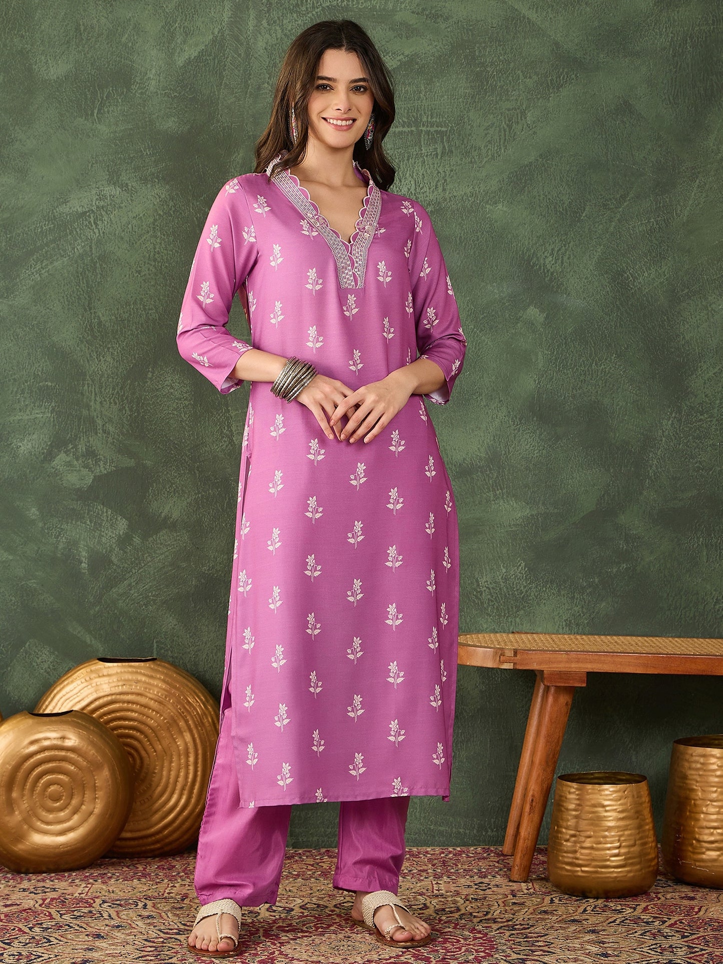 Mauve Printed Kurta Set with Dupatta