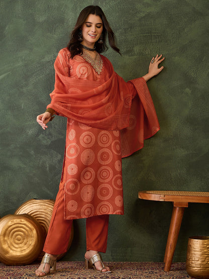 Orange Printed Kurta Set with Dupatta