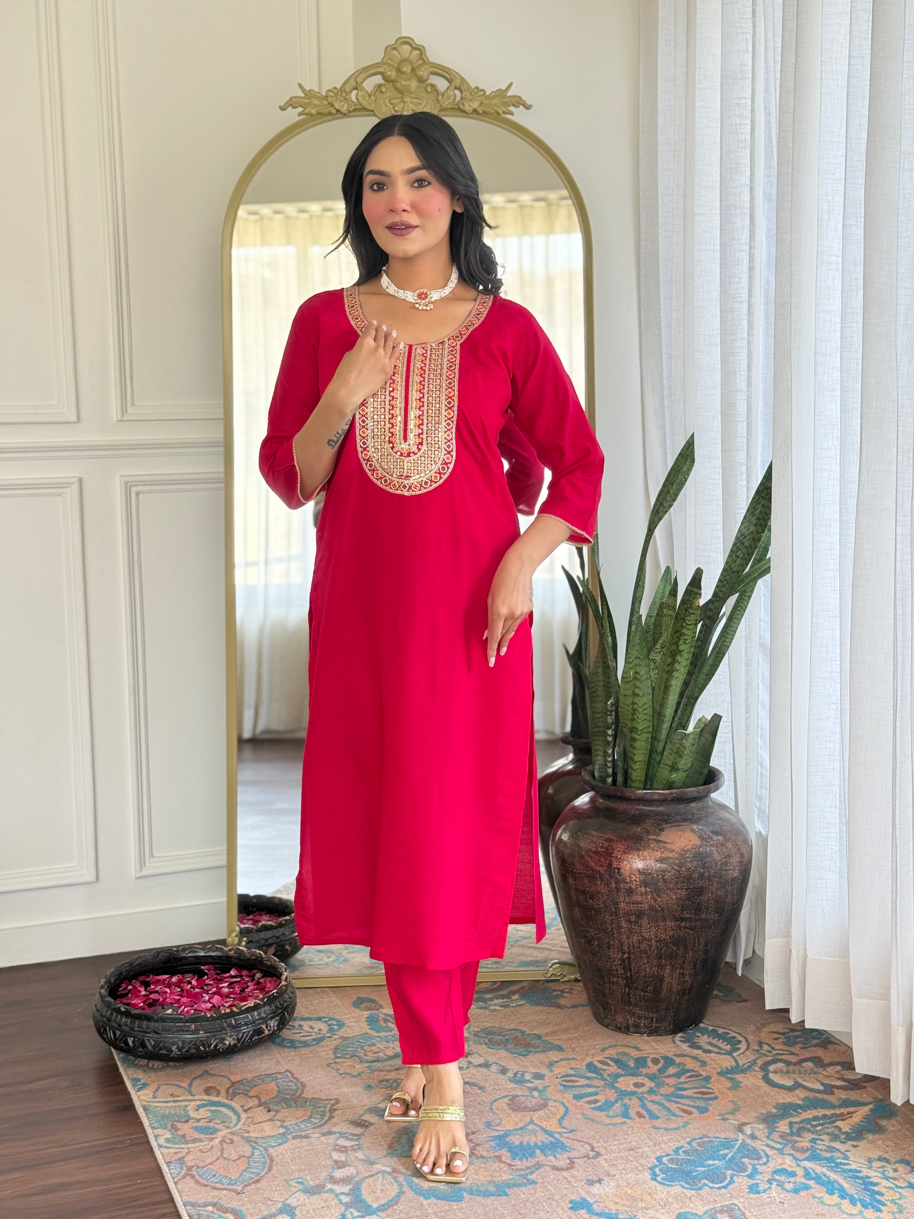Women’s Rani Pink Festive Pure Viscose Chanderi Silk Set with Glamorous Sequin Embroidery