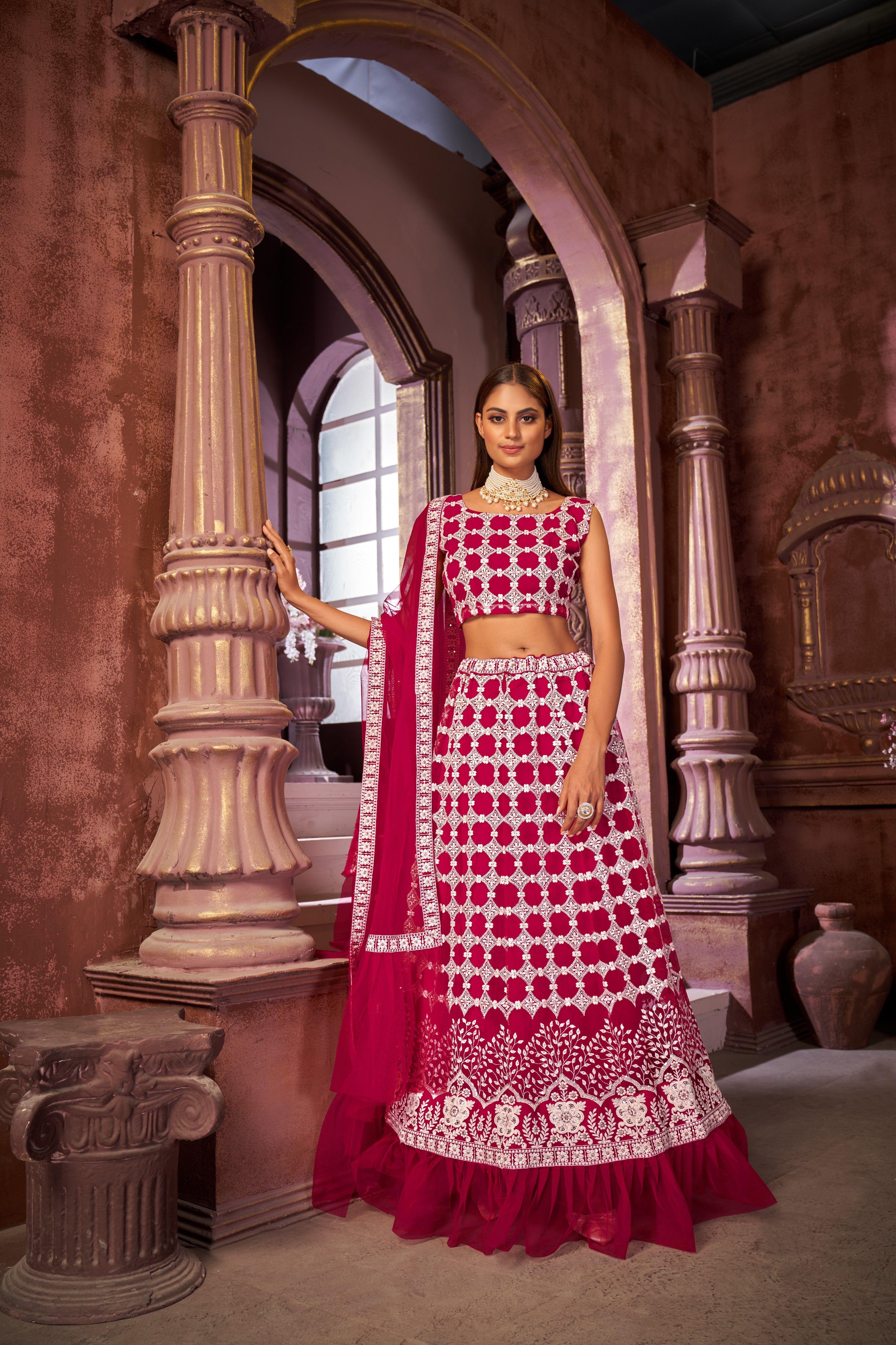 Rani Pink Women’s Designer Semi-Stitched Net Lehenga Choli with Sequin Work – Elegant Ethnic Wear for Weddings & Parties