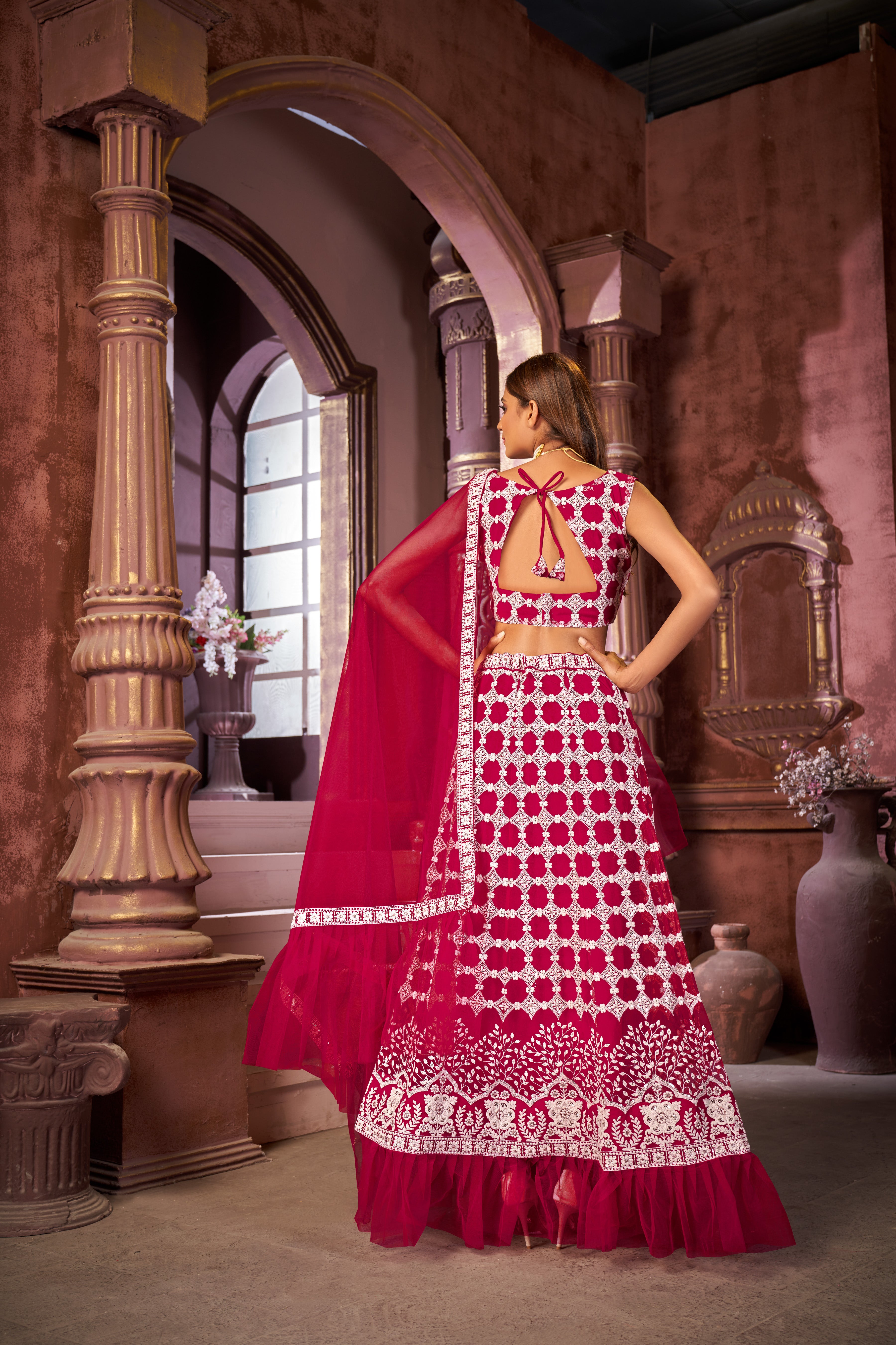 Rani Pink Women’s Designer Semi-Stitched Net Lehenga Choli with Sequin Work – Elegant Ethnic Wear for Weddings & Parties