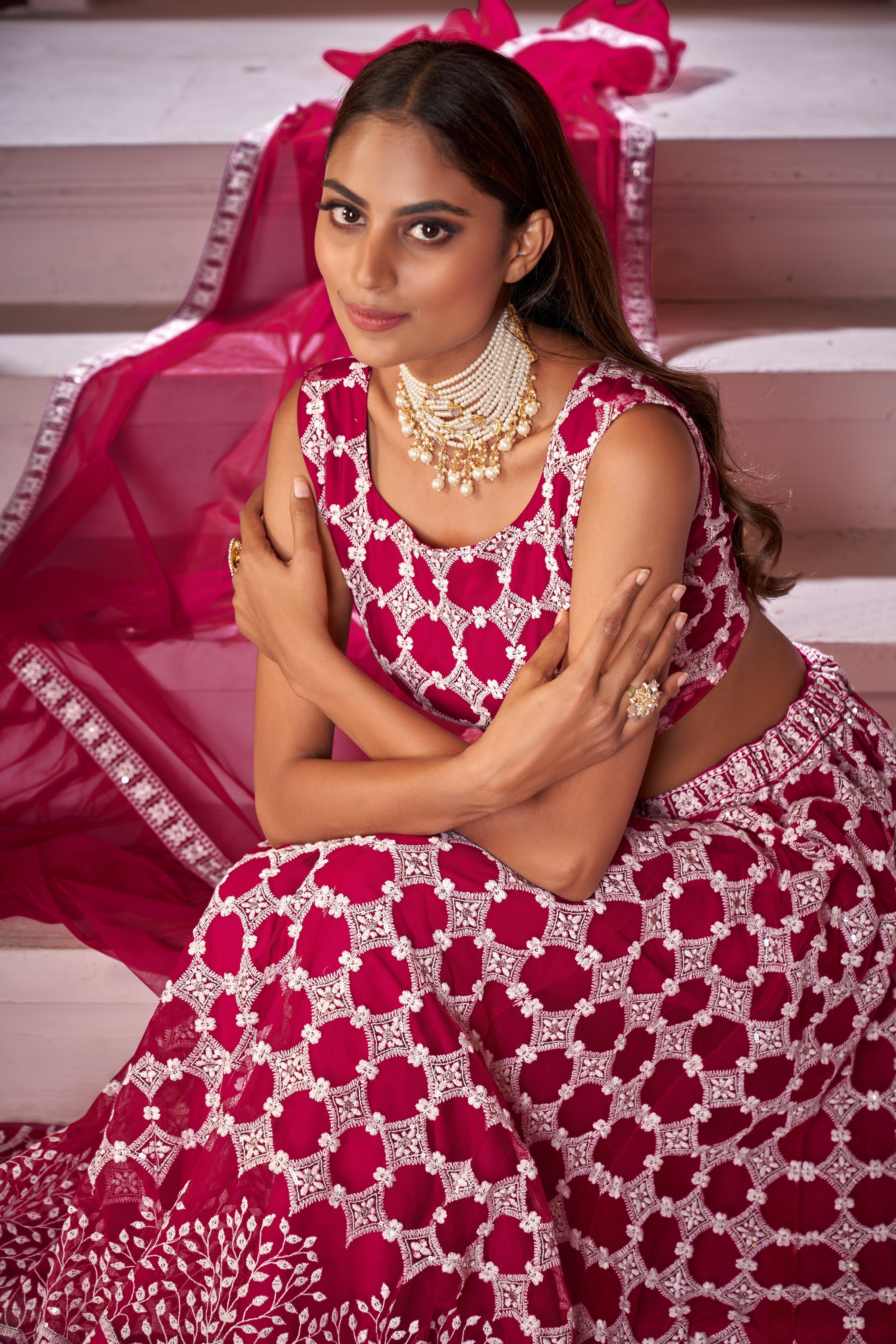 Rani Pink Women’s Designer Semi-Stitched Net Lehenga Choli with Sequin Work – Elegant Ethnic Wear for Weddings & Parties