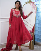 Women’s Maroon Chinon Embroidered Kurta Set with Soft Chanderi Cotton Lace Work Dupatta