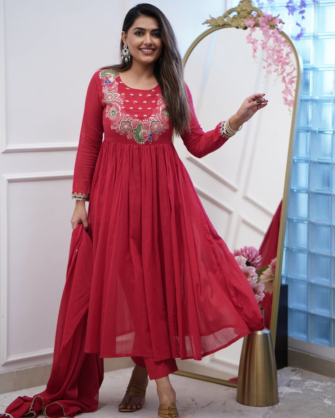 Women’s Maroon Chinon Embroidered Kurta Set with Soft Chanderi Cotton Lace Work Dupatta