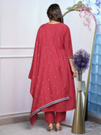 Women’s Maroon Chinon Embroidered Kurta Set with Soft Chanderi Cotton Lace Work Dupatta