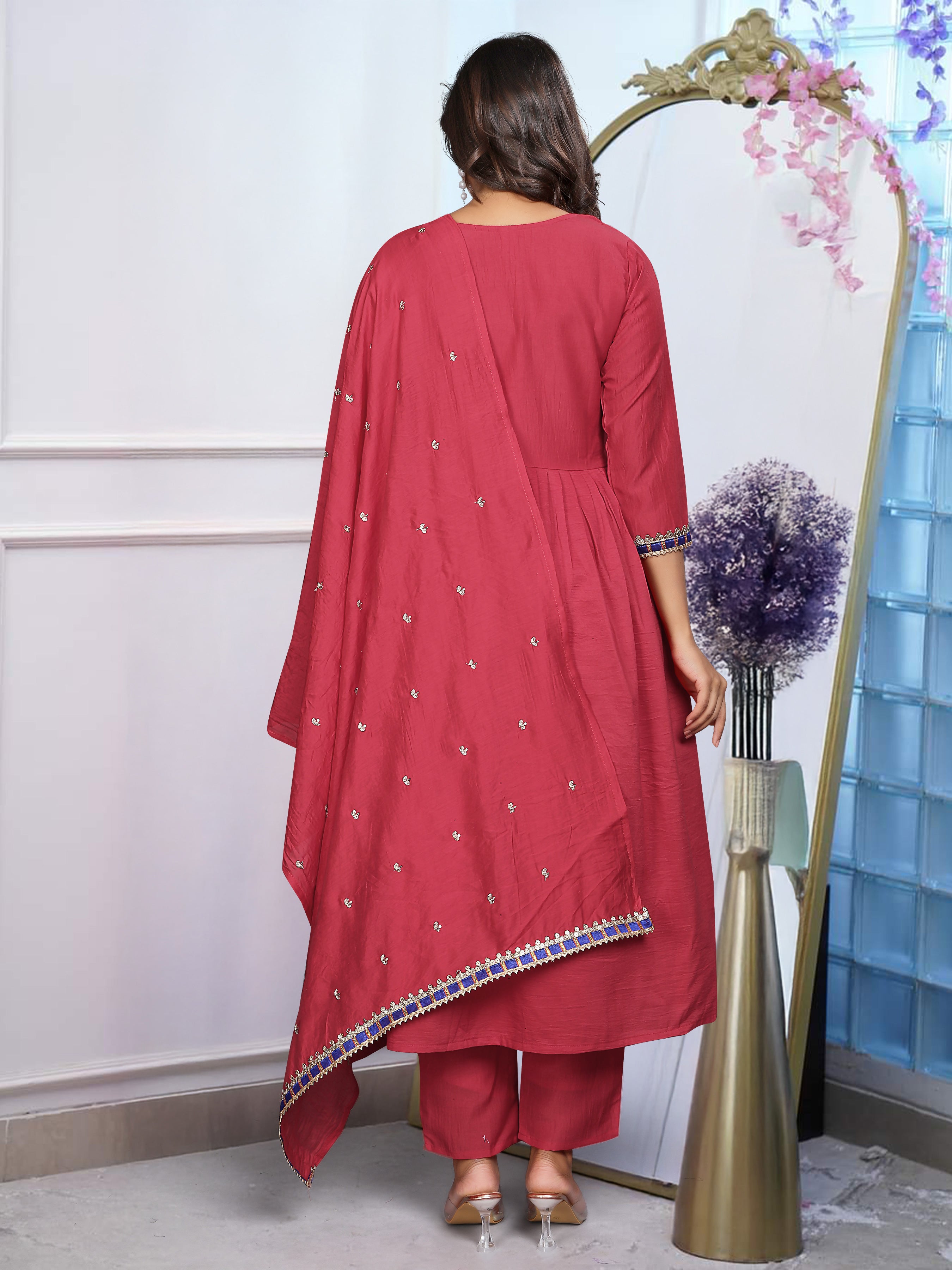 Women’s Maroon Chinon Embroidered Kurta Set with Soft Chanderi Cotton Lace Work Dupatta