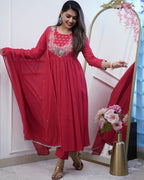 Women’s Maroon Chinon Embroidered Kurta Set with Soft Chanderi Cotton Lace Work Dupatta