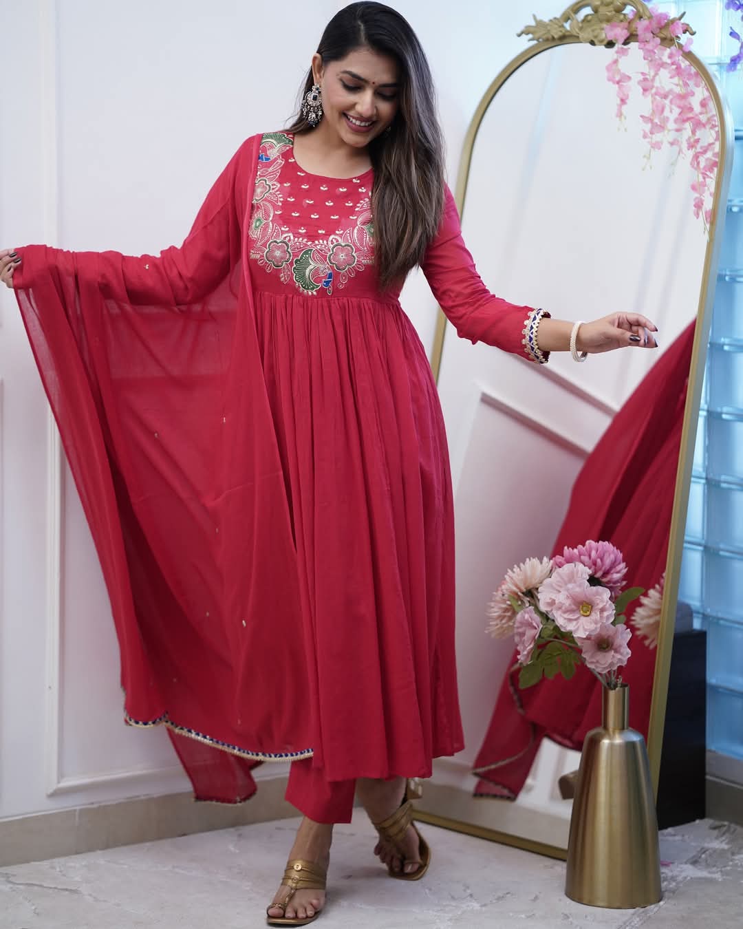 Women’s Maroon Chinon Embroidered Kurta Set with Soft Chanderi Cotton Lace Work Dupatta