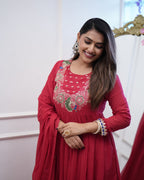 Women’s Maroon Chinon Embroidered Kurta Set with Soft Chanderi Cotton Lace Work Dupatta