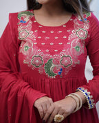 Women’s Maroon Chinon Embroidered Kurta Set with Soft Chanderi Cotton Lace Work Dupatta