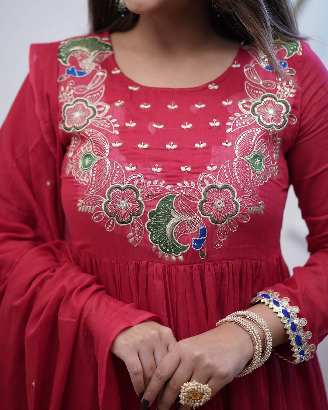 Women’s Maroon Chinon Embroidered Kurta Set with Soft Chanderi Cotton Lace Work Dupatta