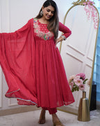 Women’s Maroon Chinon Embroidered Kurta Set with Soft Chanderi Cotton Lace Work Dupatta