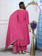 Women’s Pink Chinon Embroidered Kurta Set with Soft Chanderi Cotton Lace Work Dupatta