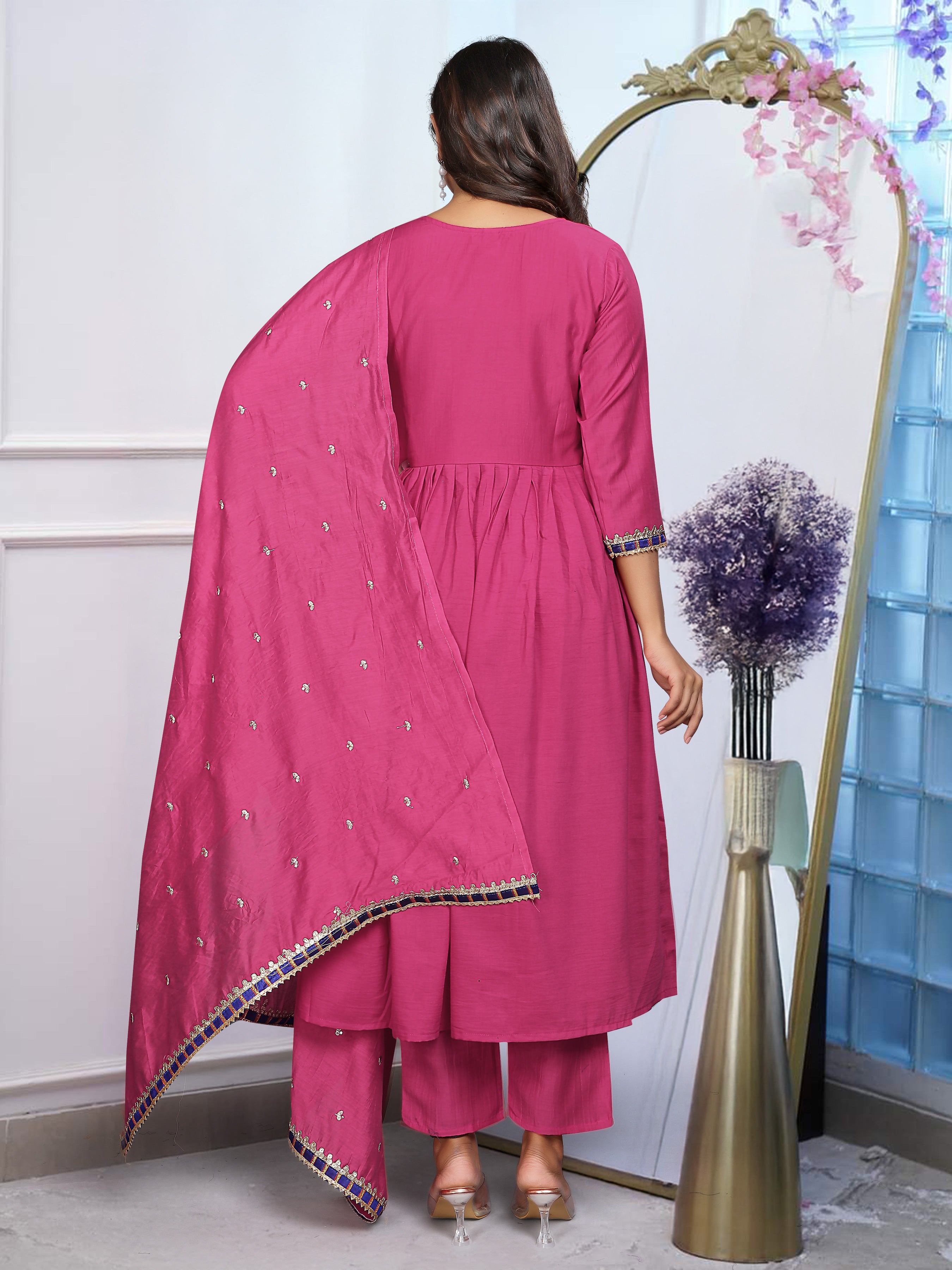 Women’s Pink Chinon Embroidered Kurta Set with Soft Chanderi Cotton Lace Work Dupatta