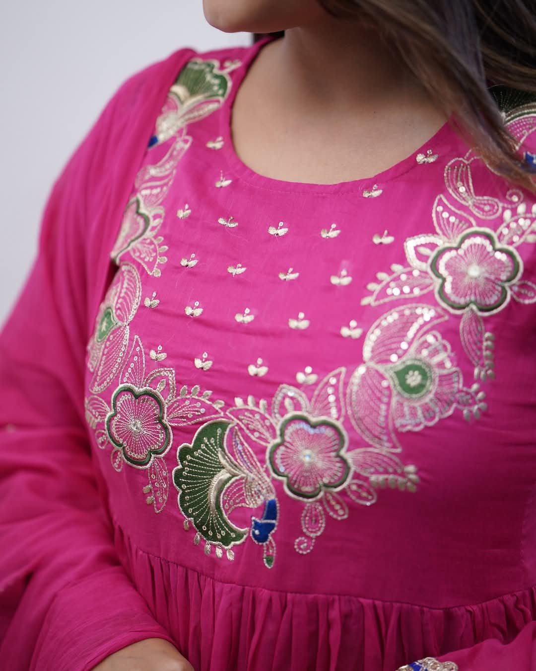 Women’s Pink Chinon Embroidered Kurta Set with Soft Chanderi Cotton Lace Work Dupatta