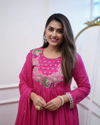 Women’s Pink Chinon Embroidered Kurta Set with Soft Chanderi Cotton Lace Work Dupatta