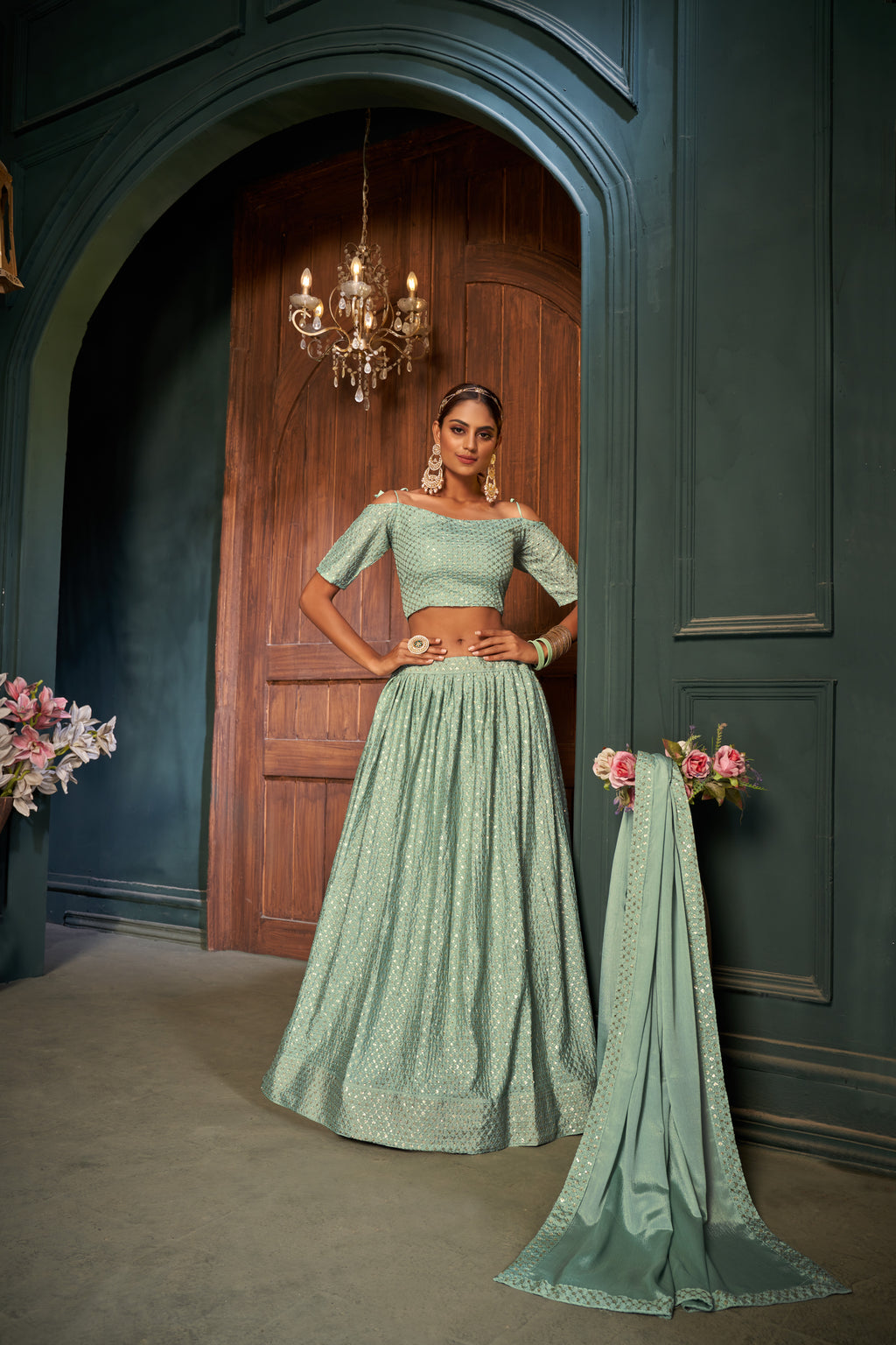 Pista Women’s Net Lehenga Choli Set with Dupatta – Elegant Ethnic Wear for Weddings & Festive Occasions