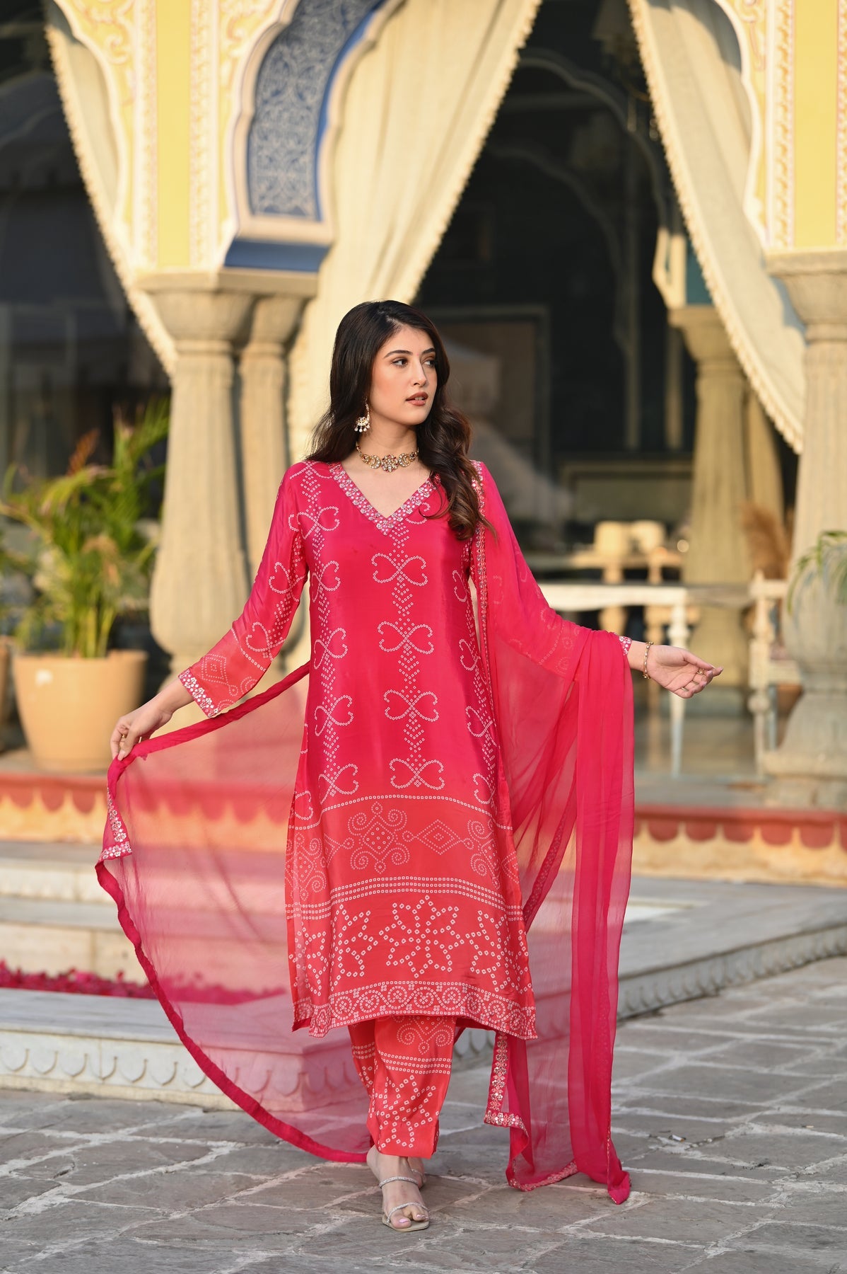 Women’s Pink Chinon Silk Kurta Set with Embroidery and Soft Nazneen Dupatta