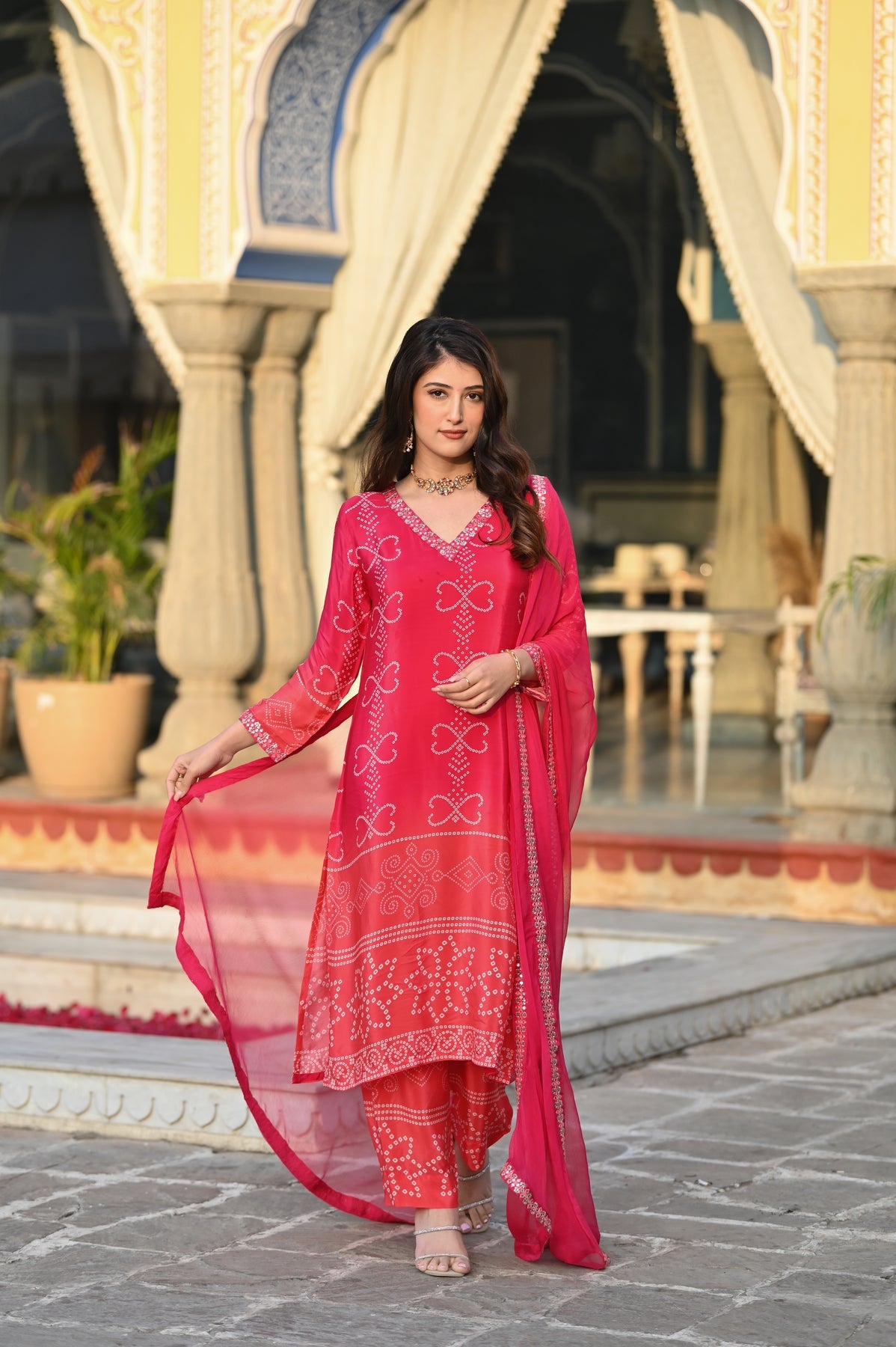 Women’s Pink Chinon Silk Kurta Set with Embroidery and Soft Nazneen Dupatta