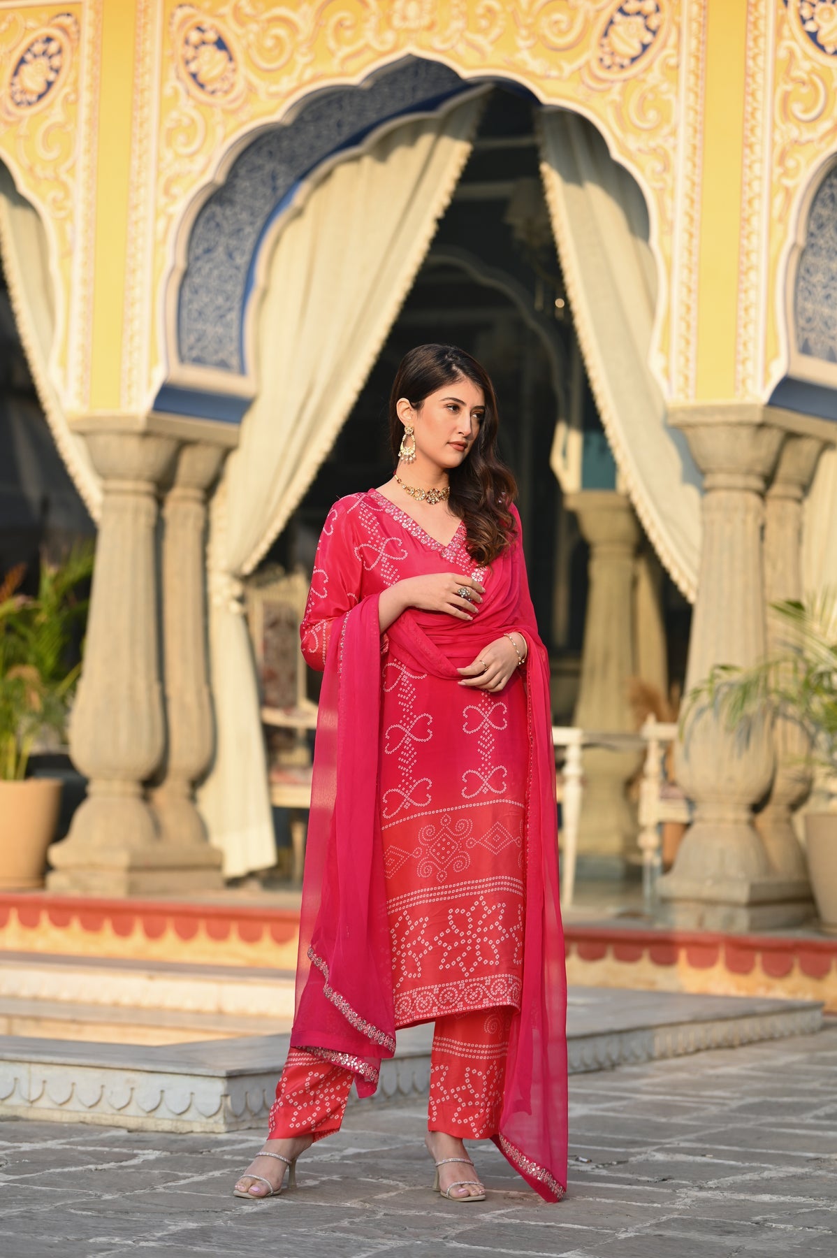 Women’s Pink Chinon Silk Kurta Set with Embroidery and Soft Nazneen Dupatta