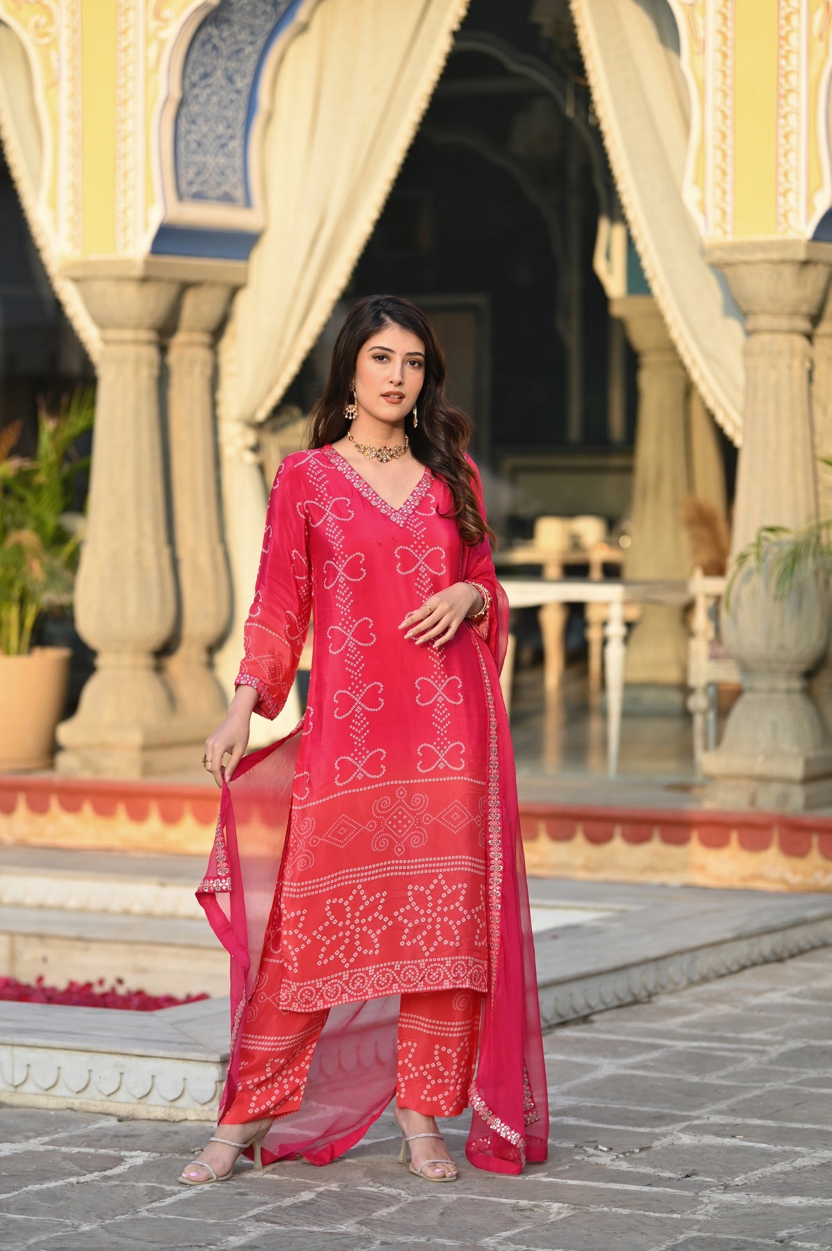 Women’s Pink Chinon Silk Kurta Set with Embroidery and Soft Nazneen Dupatta