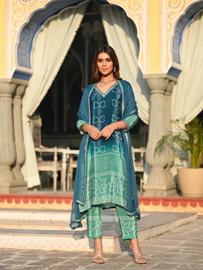 Women’s Blue Chinon Silk Kurta Set with Embroidery and Soft Nazneen Dupatta