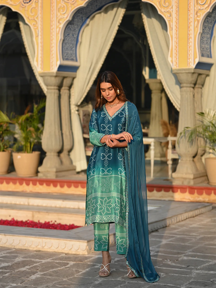 Women’s Blue Chinon Silk Kurta Set with Embroidery and Soft Nazneen Dupatta