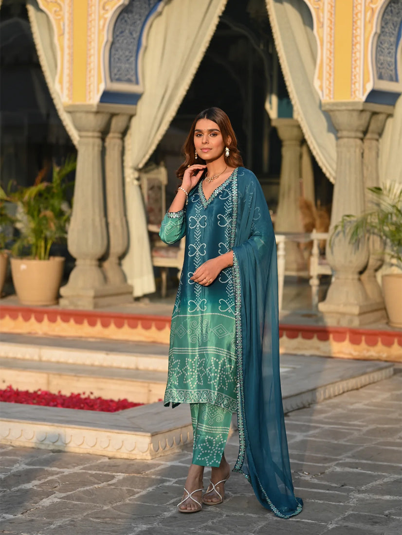 Women’s Blue Chinon Silk Kurta Set with Embroidery and Soft Nazneen Dupatta