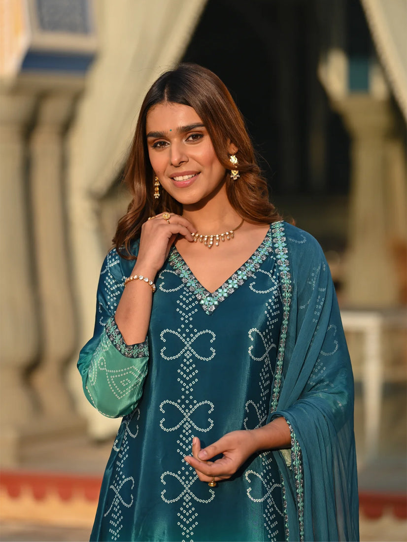 Women’s Blue Chinon Silk Kurta Set with Embroidery and Soft Nazneen Dupatta